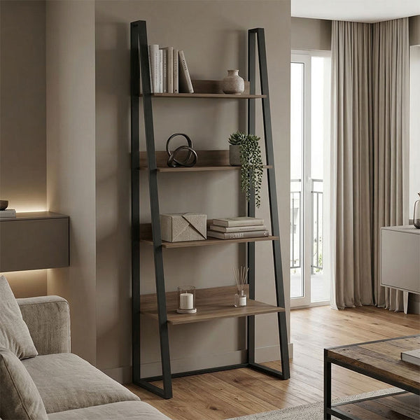 Bibliotecă cu rafturi Alfa, Stil Modern, Metal Negru și Lemn, Sonoma, 75x36x185 cm