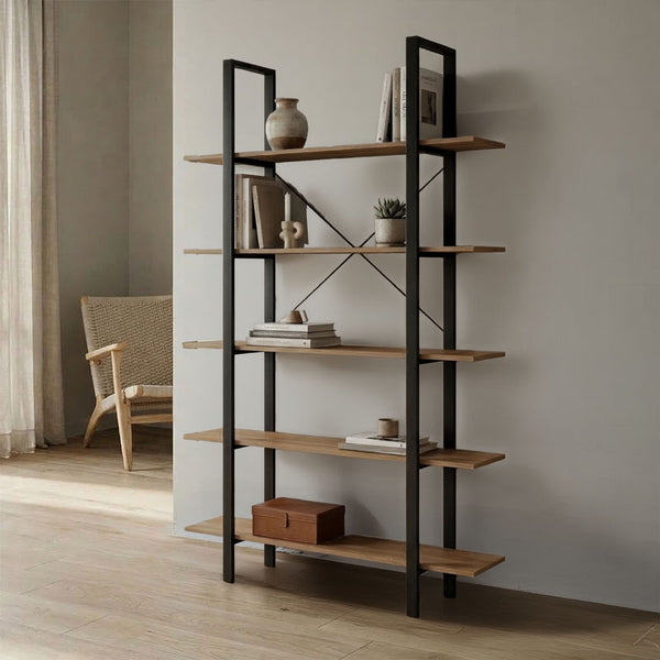 Bibliotecă cu rafturi Loftie, Stil Industrial, Metal Negru și Lemn, Sonoma, 126x28x165 cm