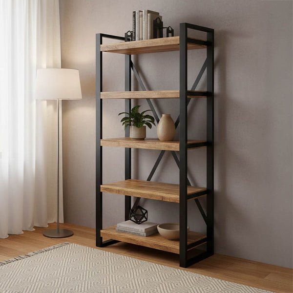 Bibliotecă cu rafturi Miles, Lemn de mango, Maro-Negru, 80x40x180 cm