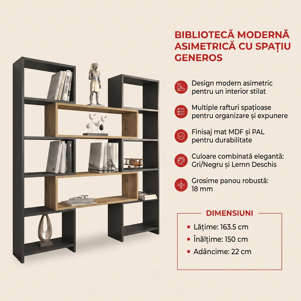 Bibliotecă de Colț Multifuncțională, 163x150x22 cm - Stejar negru