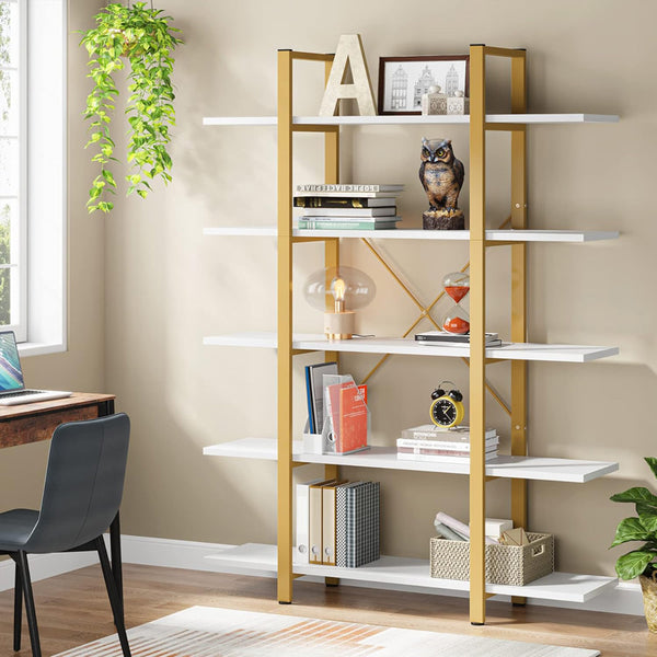 Biblioteca Esthon finisaj marmura Alb cu metal, auriu, 120x28x180 cm