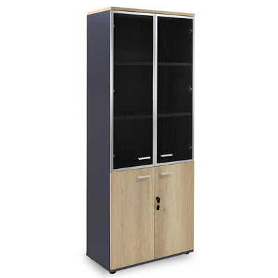 dulap multifunctional Biblioteca Lotus cu patru usi din sticla si lemn Stejar - Gri inchis 80x40x200 cm