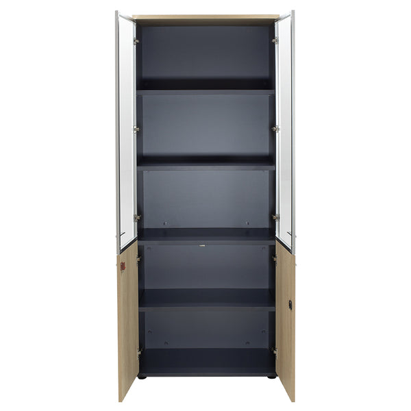 Biblioteca Lotus cu patru usi din sticla si lemn Stejar, Gri inchis, 80x40x200 cm