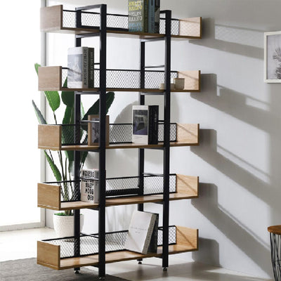 Biblioteca metalica Musha, neagra cu nuanta stejar, metal și Lemn, 120x27x185 cm