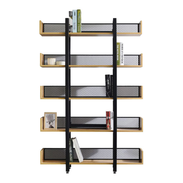 Biblioteca metalica Musha, neagra cu nuanta stejar, metal și Lemn, 120x27x185 cm