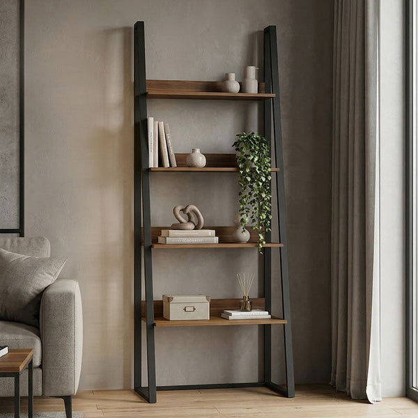Bibliotecă cu rafturi Alfa, Stil Modern, Metal Negru și Lemn, Sonoma, 75x36x185 cm
