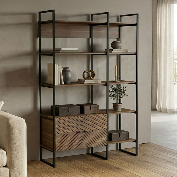 Bibliotecă modernă Rhombo, cu rafturi elegante, finisaj, nuc-negru, 120x35x180 cm