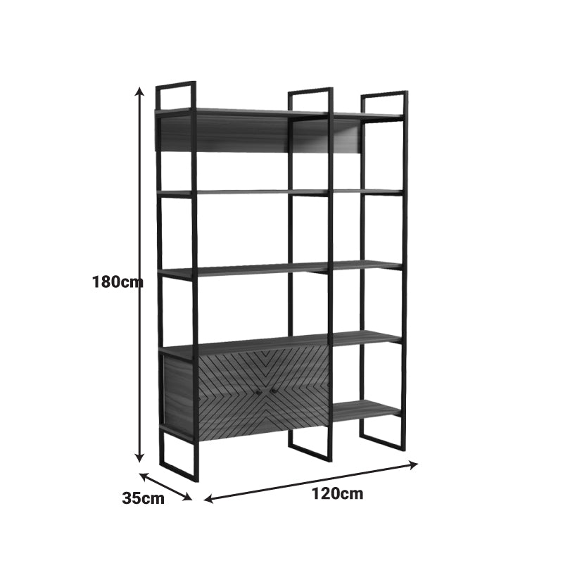 Bibliotecă modernă Rhombo, cu rafturi elegante, finisaj, nuc-negru, 120x35x180 cm