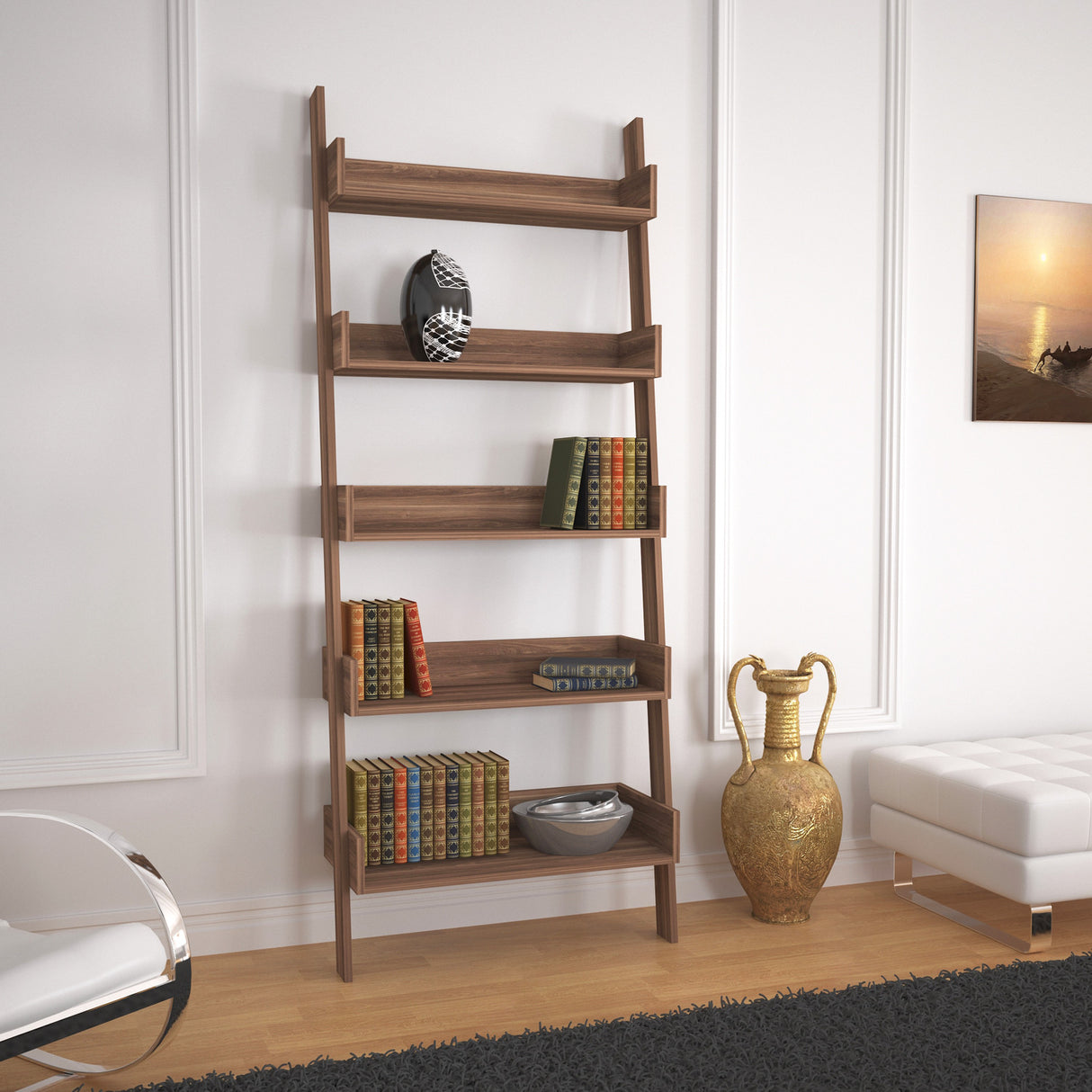 Bibliotecă Only Comforty, stejar - nuc - alb, 80x32x195 cm - Nuc