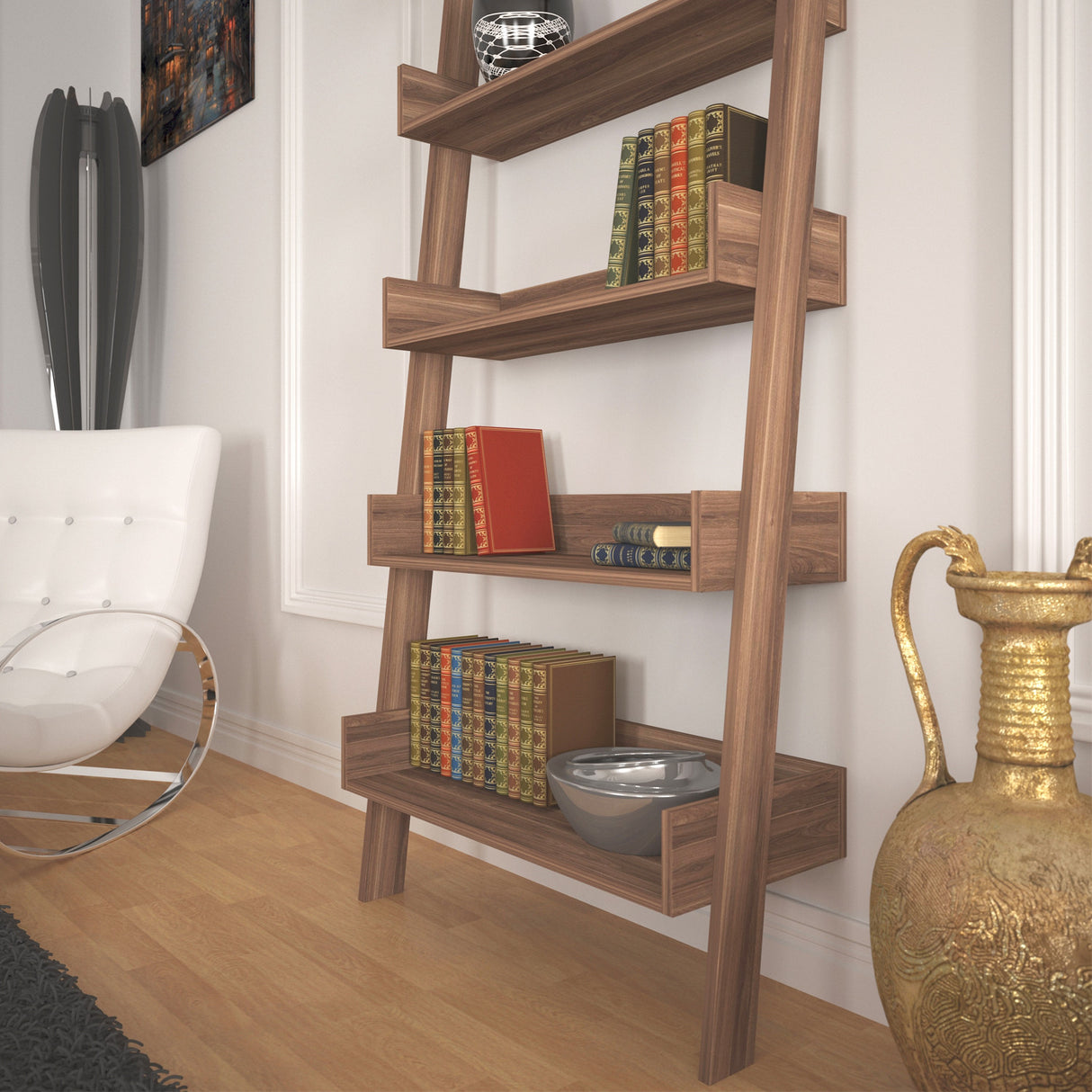 Bibliotecă Only Comforty, stejar - nuc - alb, 80x32x195 cm - Nuc