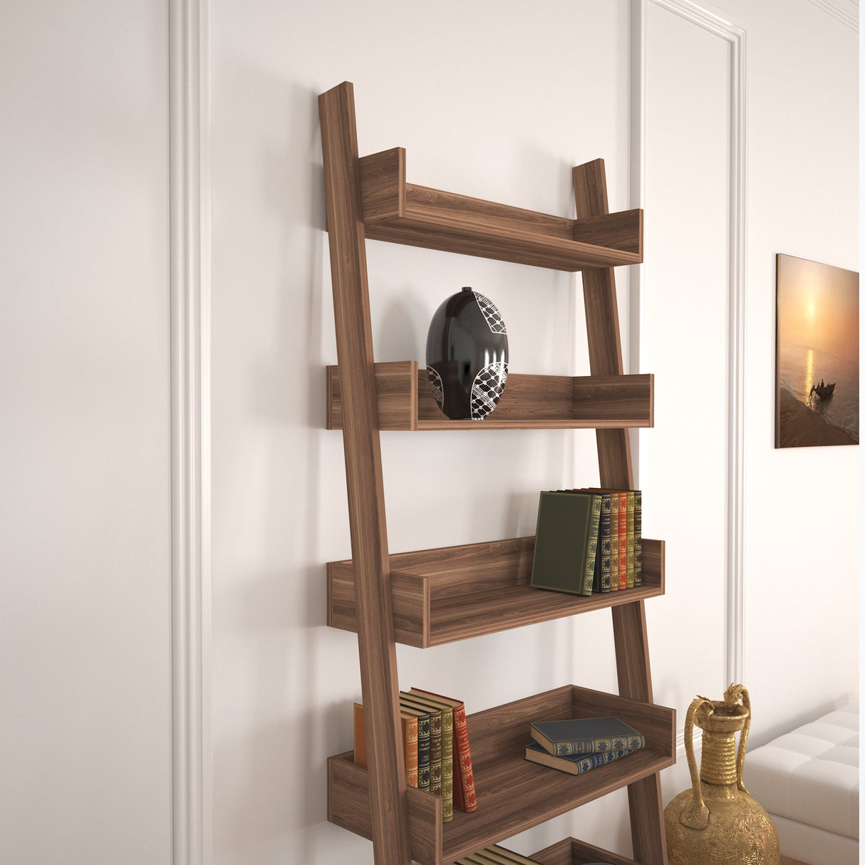Bibliotecă Only Comforty, stejar - nuc - alb, 80x32x195 cm - Nuc