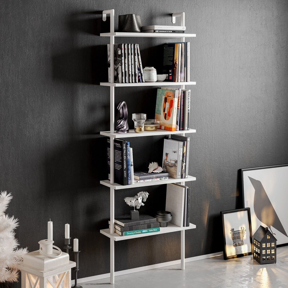 Bibliotecă Paula Hadley, negru - alb, 60x22x30 cm - Alb