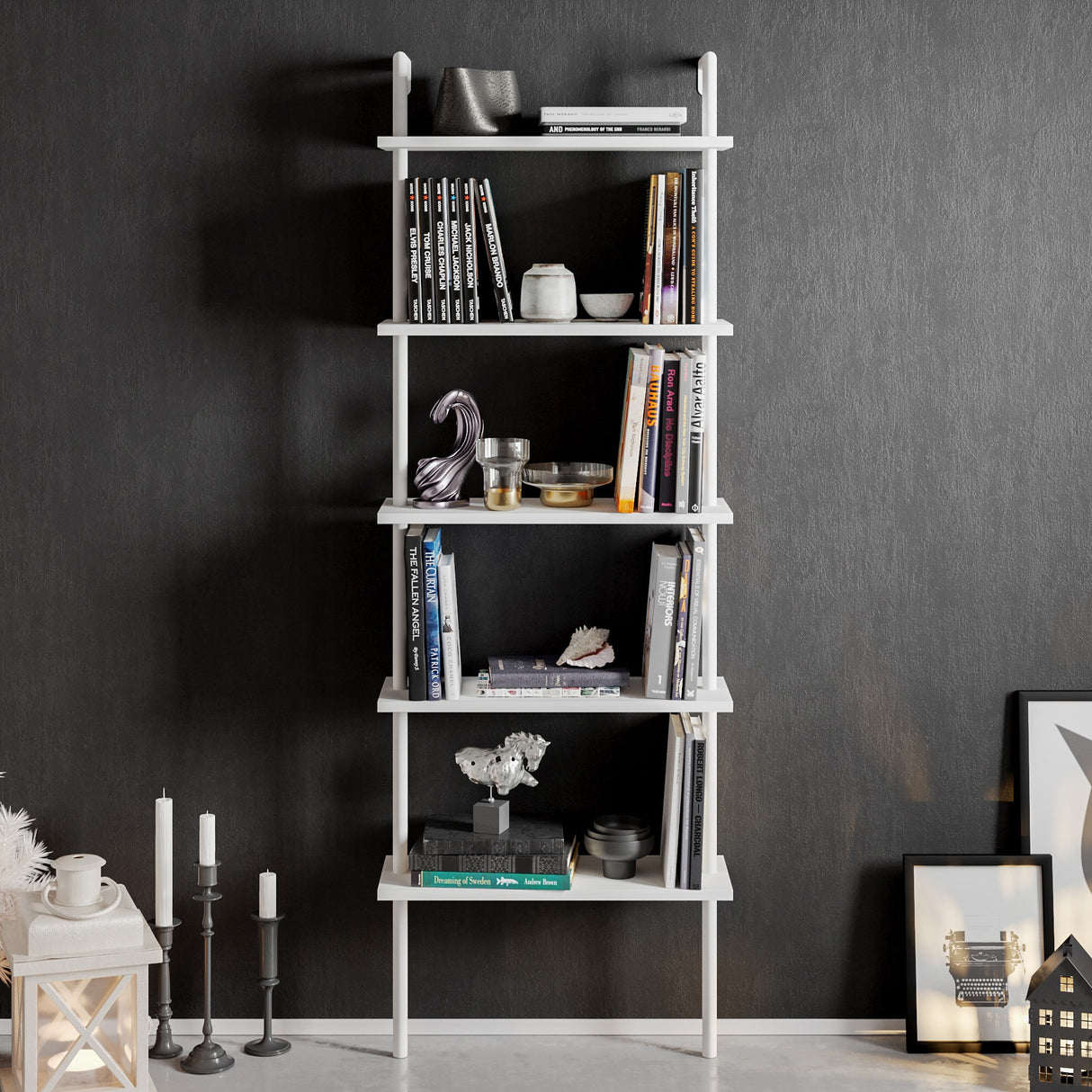 Bibliotecă Paula Hadley, negru - alb, 60x22x30 cm - Alb