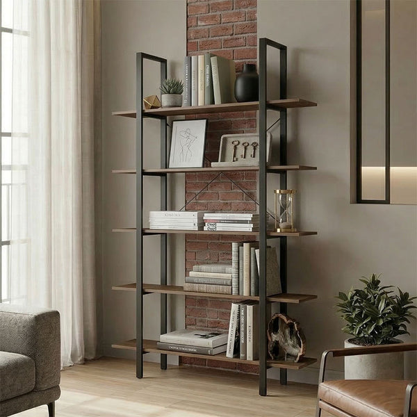 Bibliotecă-Raft cu design modern Varous, Industrial, Metal și Lemn, Nuc, 120x28x180 cm