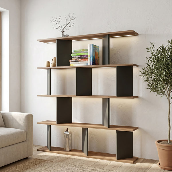 Biblioteca Ratu, Antracit-Stejar - Antracit-Nuc, 120x25x141 cm