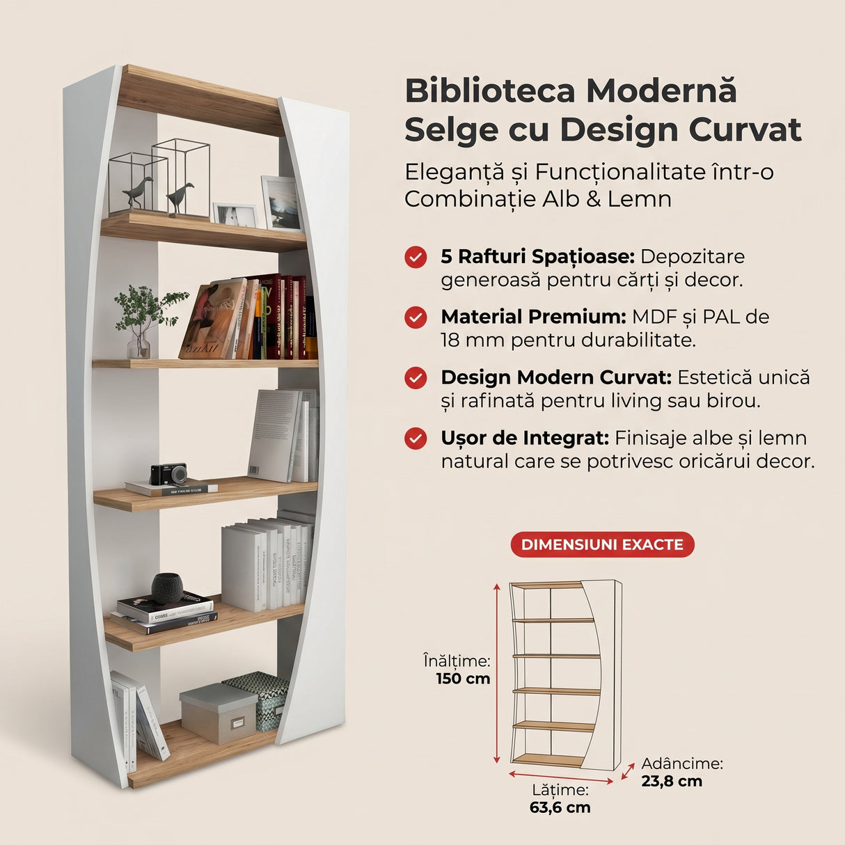 Biblioteca Selge Prag Design, 5 rafturi, 64x150x24 cm - Natur