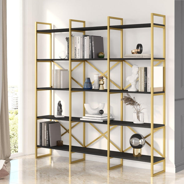 Biblioteca Sierra Lux Large cu 5 rafturi, Aur - Negru - Alb, 170x175x30 cm