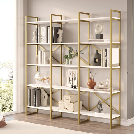 Biblioteca Sierra Lux Large cu 5 rafturi, Aur - Negru - Alb, 170x175x30 cm