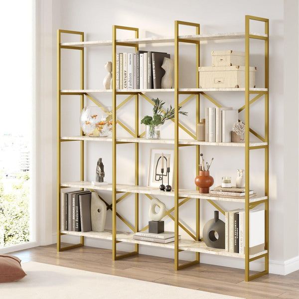 Biblioteca Sierra Lux Large cu 5 rafturi, Aur - Negru - Alb, 170x175x30 cm