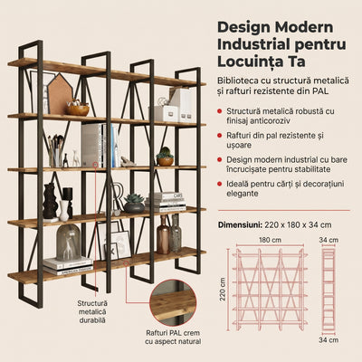 Biblioteca Sous cadru Metal, Crem, 220 x 180 x 34 cm