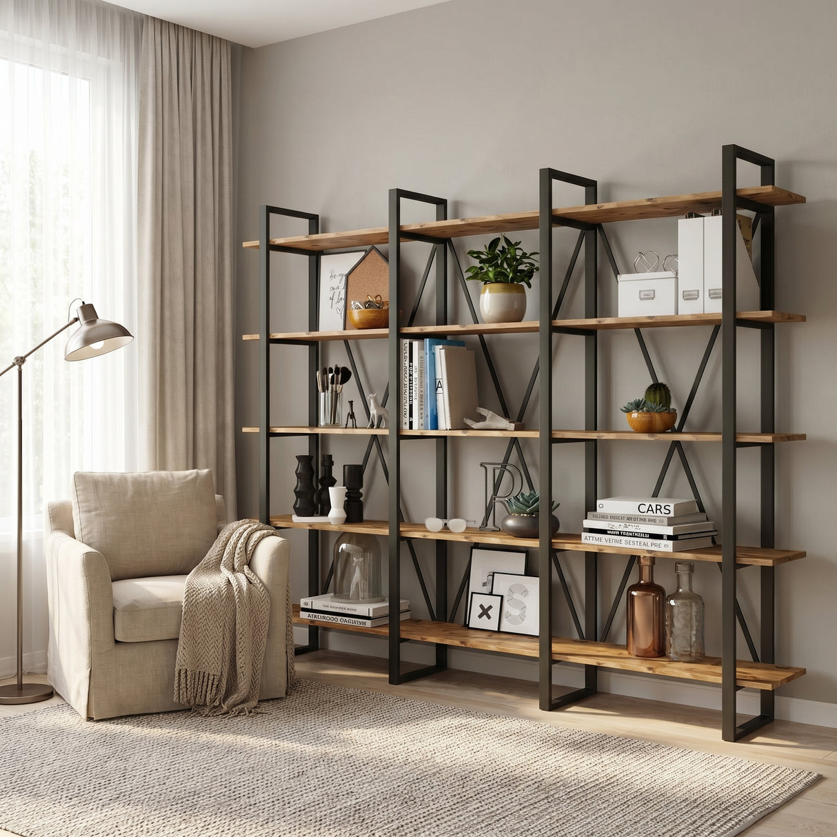 Biblioteca Sous cadru Metal, Crem, 220x180x34 cm