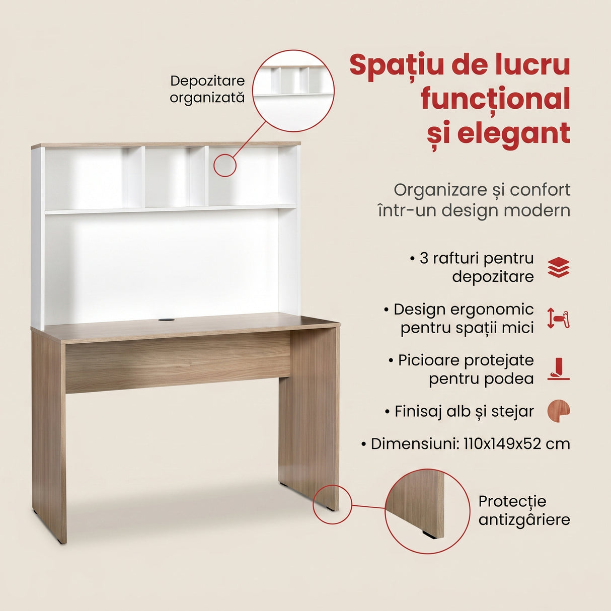 Birou Adore Base cu biblioteca, Alb - Stejar,  110x149x52 cm