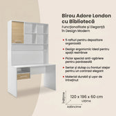 Birou Adore London cu biblioteca, Alb - Stejar, 120x196x60 cm, detaliu produs