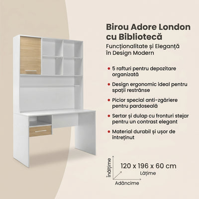 Birou Adore London cu biblioteca, Alb - Stejar, 120x196x60 cm, detaliu produs