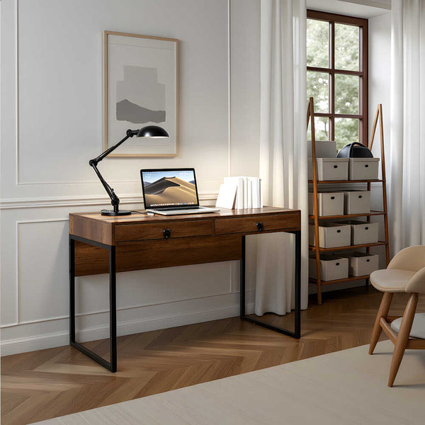 Birou Adore Profile cu cadru metalic si 2 sertare, Maro, 120x79x60 cm