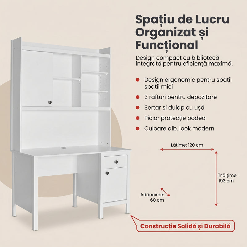 Birou Adore Rustic cu biblioteca, Alb, 120x193x60 cm, detaliu produs