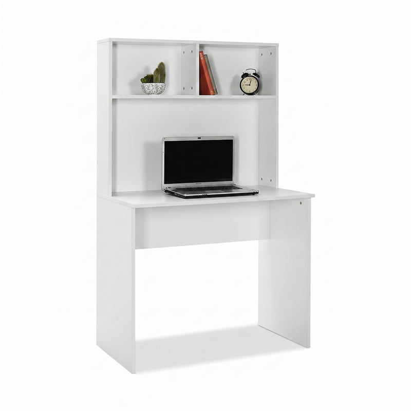 Birou Adore White cu biblioteca, Alb, 90x148x52 cm