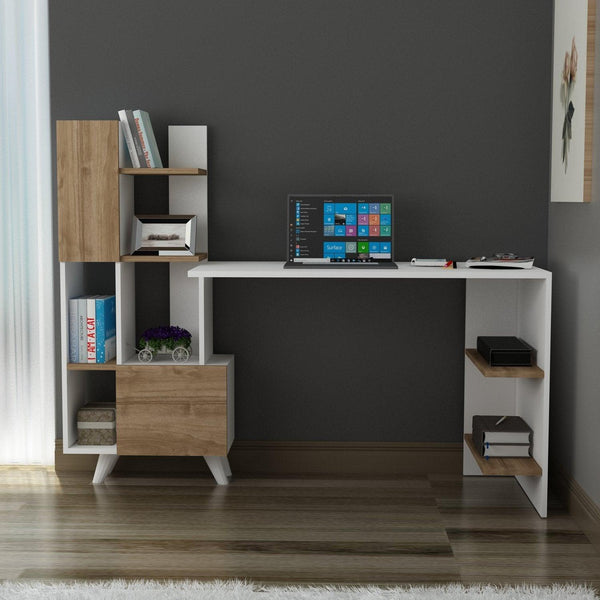 Birou Alis cu Biblioteca cu usi si rafturi, Alb, 170x120x60 cm