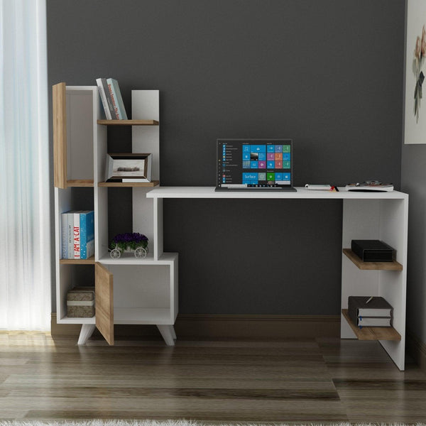 Birou Alis cu Biblioteca cu usi si rafturi, Alb, 170x120x60 cm