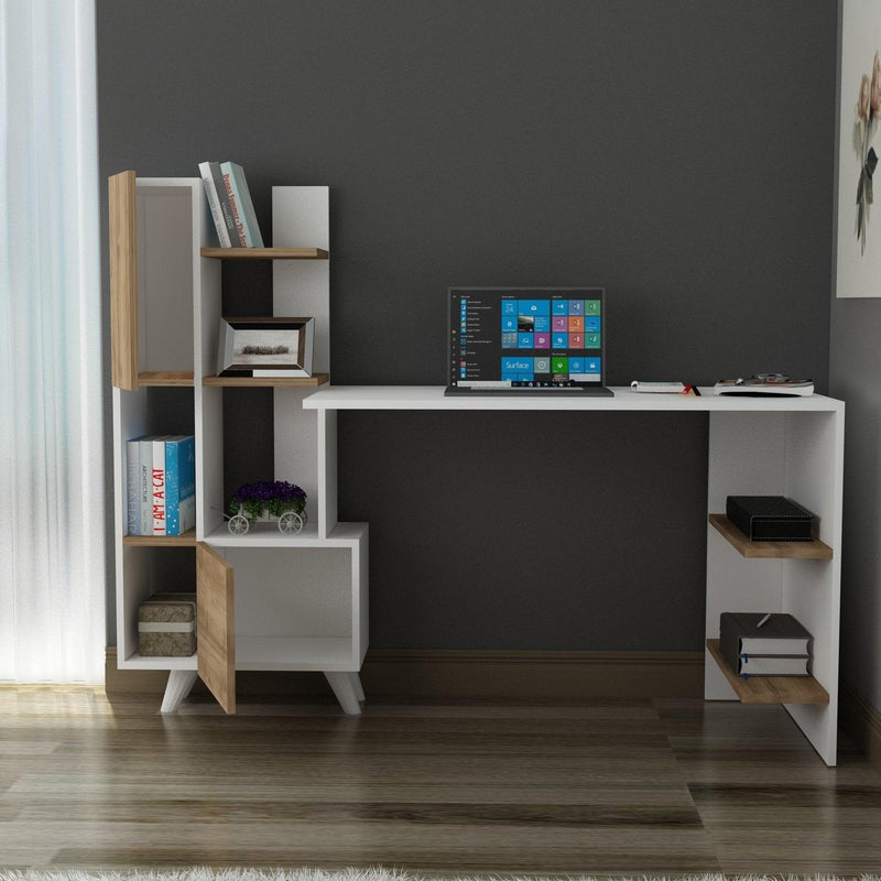 Birou Alis  cu Biblioteca cu usi si rafturi, Alb, 170 x 120 x 60 cm