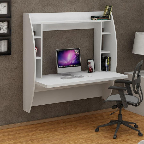 Birou Buglem Elegant cu biblioteca, Alb, 124x120x55 cm