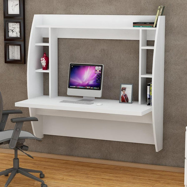 Birou Buglem Elegant cu biblioteca, Alb, 124x120x55 cm