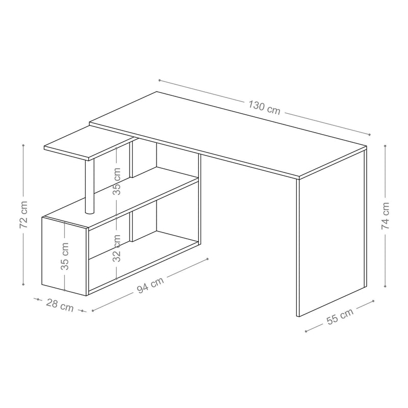 Birou Colt Estelle cu rafturi, Alb, 130 x 74 x 94 cm