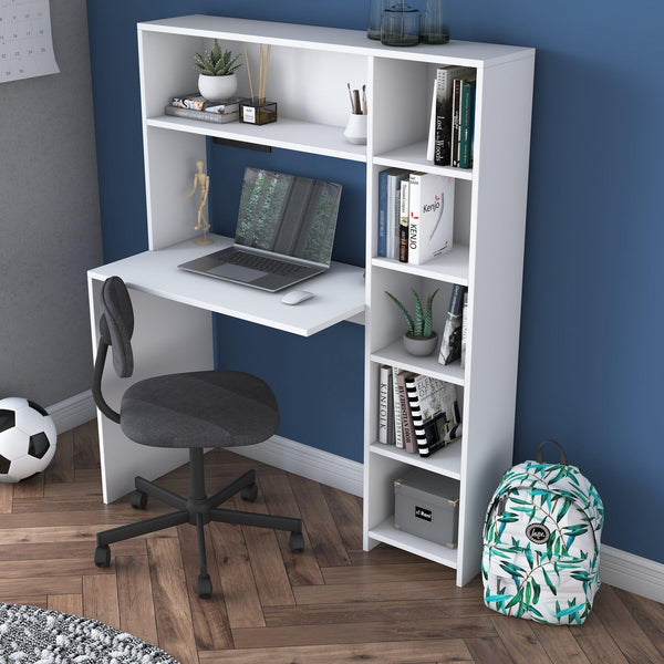 Birou cu biblioteca Erou, Stejar - Alb, 113x142x40 cm