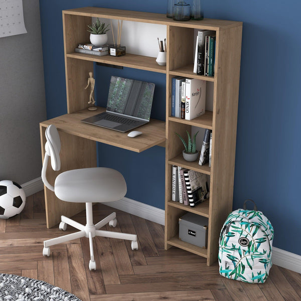 Birou cu biblioteca Erou, Stejar - Alb, 113x142x40 cm