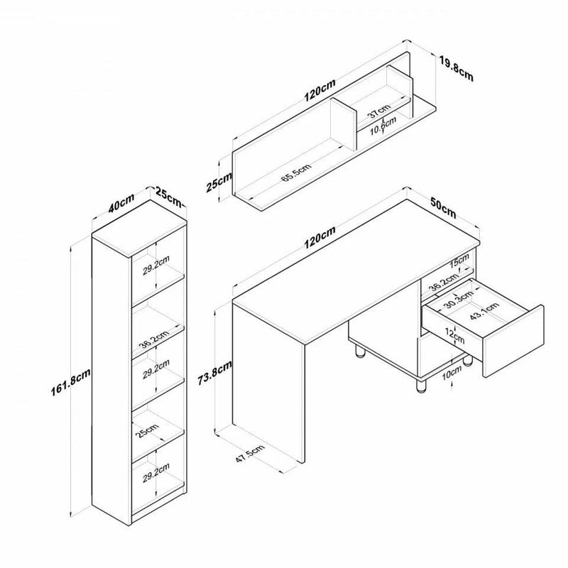 Birou cu Biblioteca Nili 7 rafturi si cu Sertare, Antracit de nuc, Nuc Alb, 160x161x50 cm