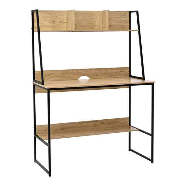 Birou cu raft Herbey, Stejar cu picior negru metalic, 100x48x139 cm
