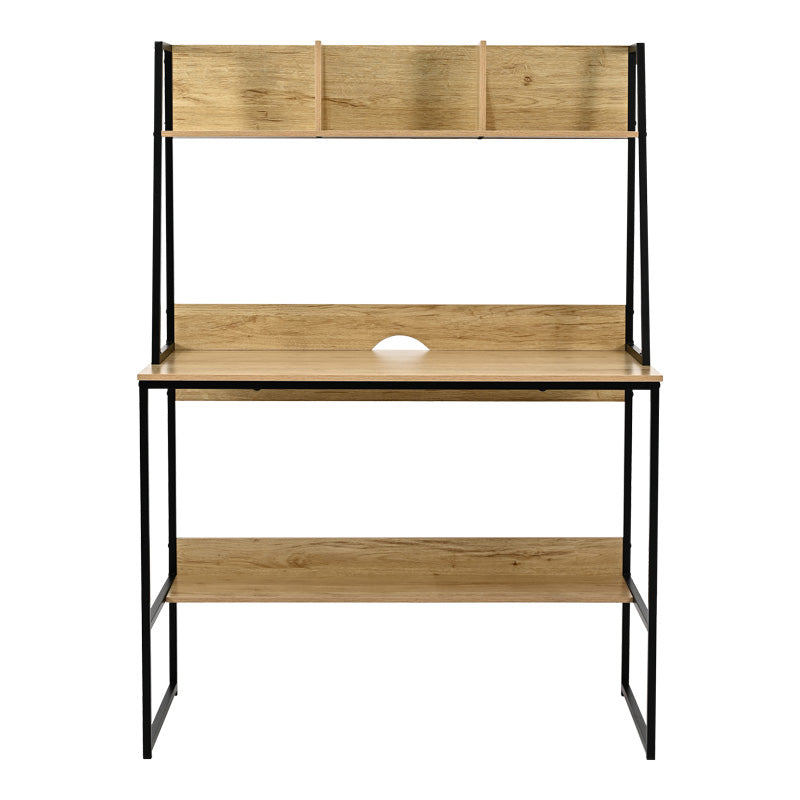 Birou cu raft Herbey, Stejar cu picior negru metalic, 100x48x139 cm