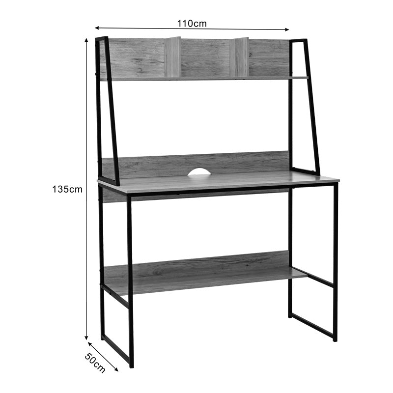 Birou cu raft Herbey, Stejar cu picior negru metalic, 100x48x139 cm