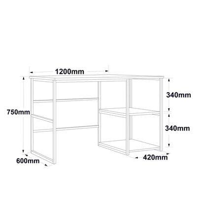 Birou Dario cadru metal cu rafturi Dreapta, Negru -Stejar, 120 x 75 x 60 cm