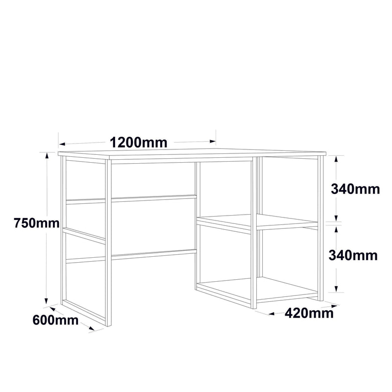 Birou Dario cadru metal cu rafturi Dreapta, Negru -Stejar, 120 x 75 x 60 cm