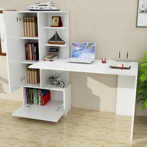 Birou Domingos cu 2 usi rafturi, Alb, 150x140x62 cm
