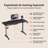 Birou Gaming Adore Carbon Series X9, suprafata carbon, mousepad, USB gamepad holder, suport pentru casti si pahar, cutie cabluri, 140x66x75 cm