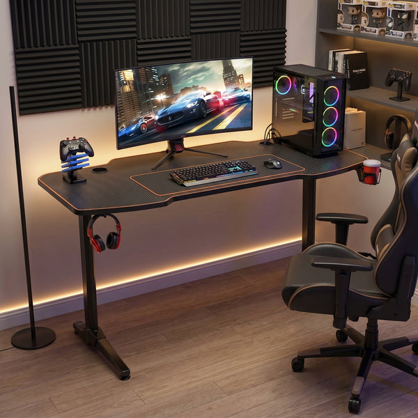 Birou Gaming Adore Carbon Series X9, suprafata carbon, mousepad, USB gamepad holder, suport pentru casti si pahar, cutie cabluri, 140x66x75 cm
