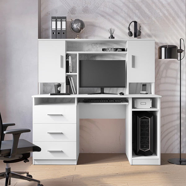 Birou Keldra cu sertare si dulapuri culor, alb, 140x60x142 cm