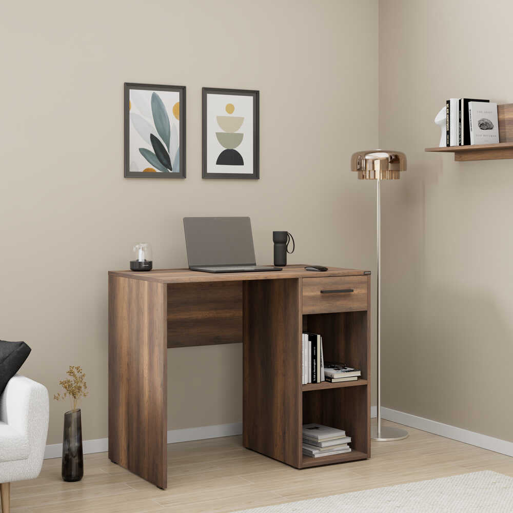 Birou Modern Adore Concept cu Sertar și 2 Rafturi, Alb - Maro - Stejar - Antracit, 90x52x75 cm - Maro